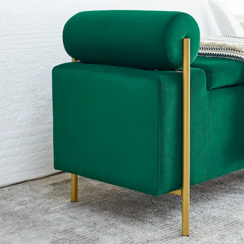 Linen Upholstered Storage Bench with Cylindrical Arms and Iron Legs