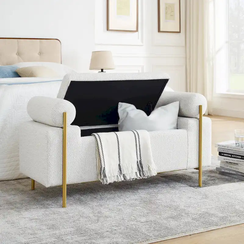 Linen Upholstered Storage Bench with Cylindrical Arms and Iron Legs
