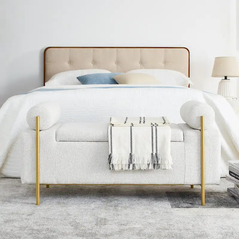 Linen Upholstered Storage Bench with Cylindrical Arms and Iron Legs