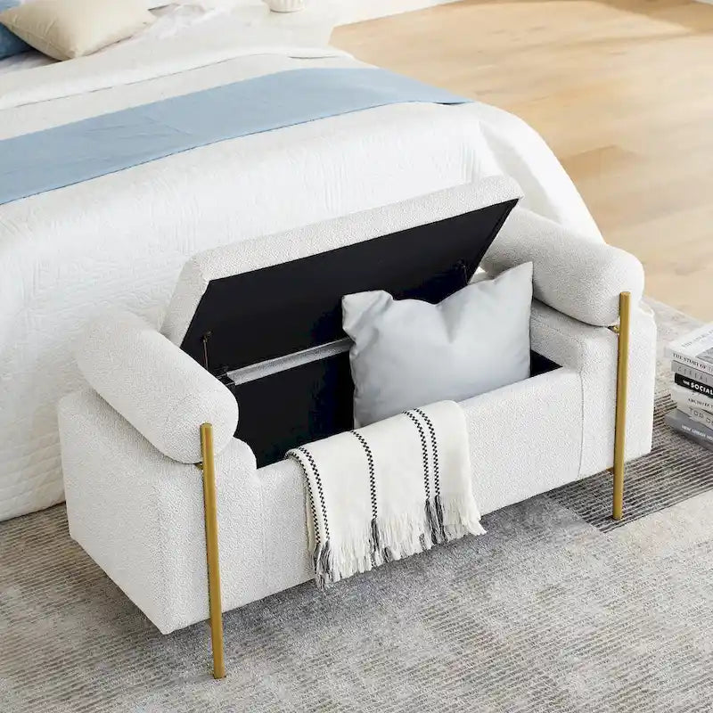 Linen Upholstered Storage Bench with Cylindrical Arms and Iron Legs