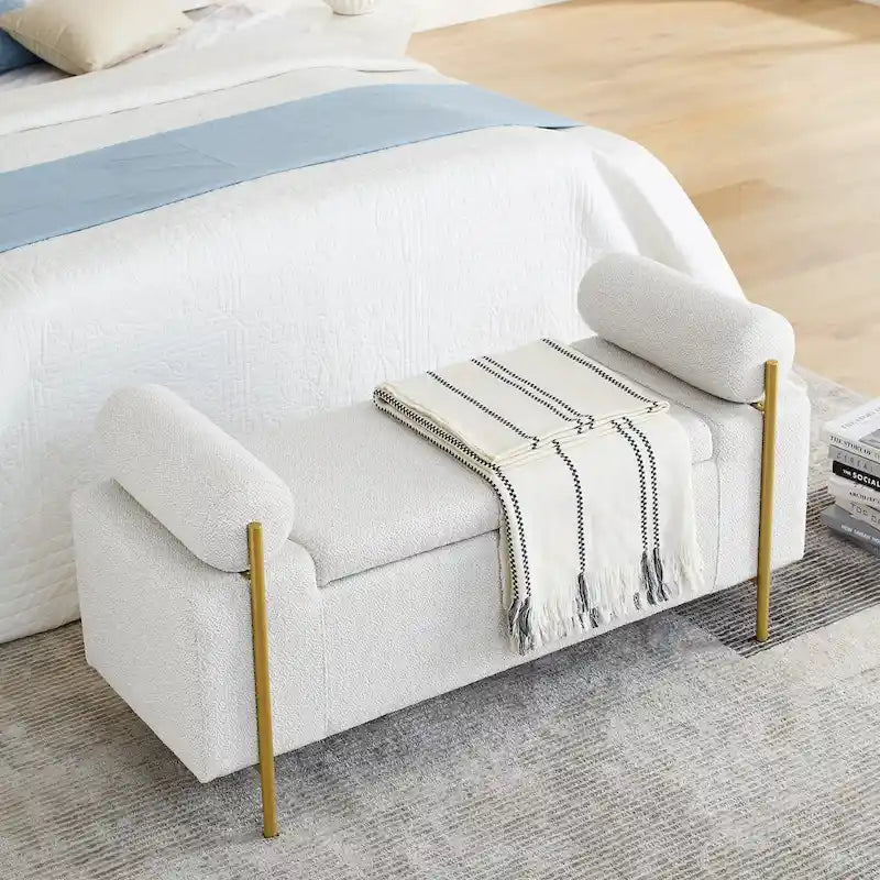 Linen Upholstered Storage Bench with Cylindrical Arms and Iron Legs