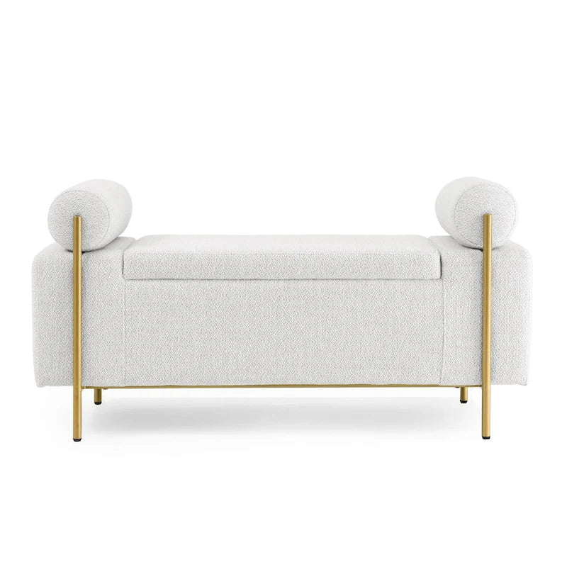 Linen Upholstered Storage Bench with Cylindrical Arms and Iron Legs