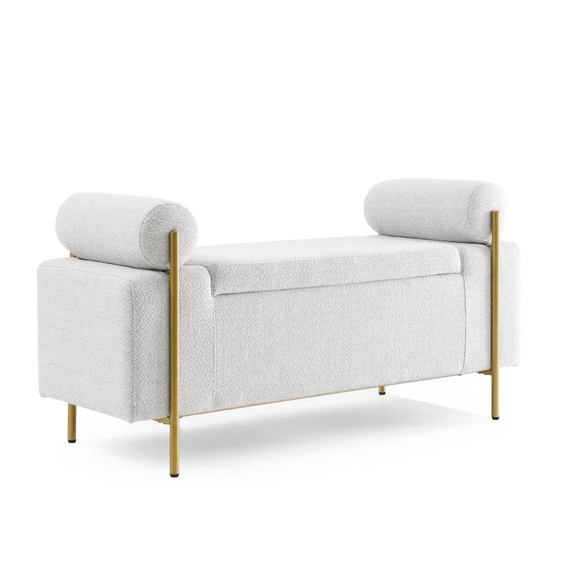 Linen Upholstered Storage Bench with Cylindrical Arms and Iron Legs