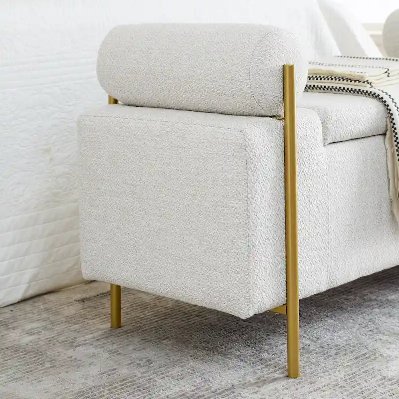 Linen Upholstered Storage Bench with Cylindrical Arms and Iron Legs