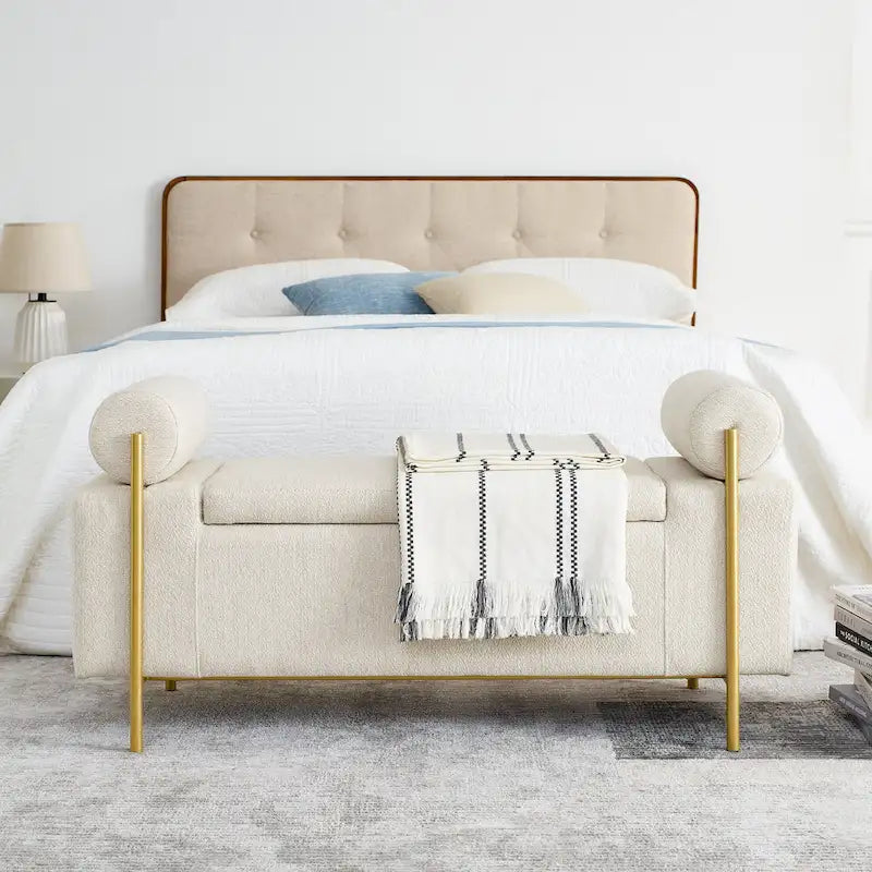 Linen Upholstered Storage Bench with Cylindrical Arms and Iron Legs