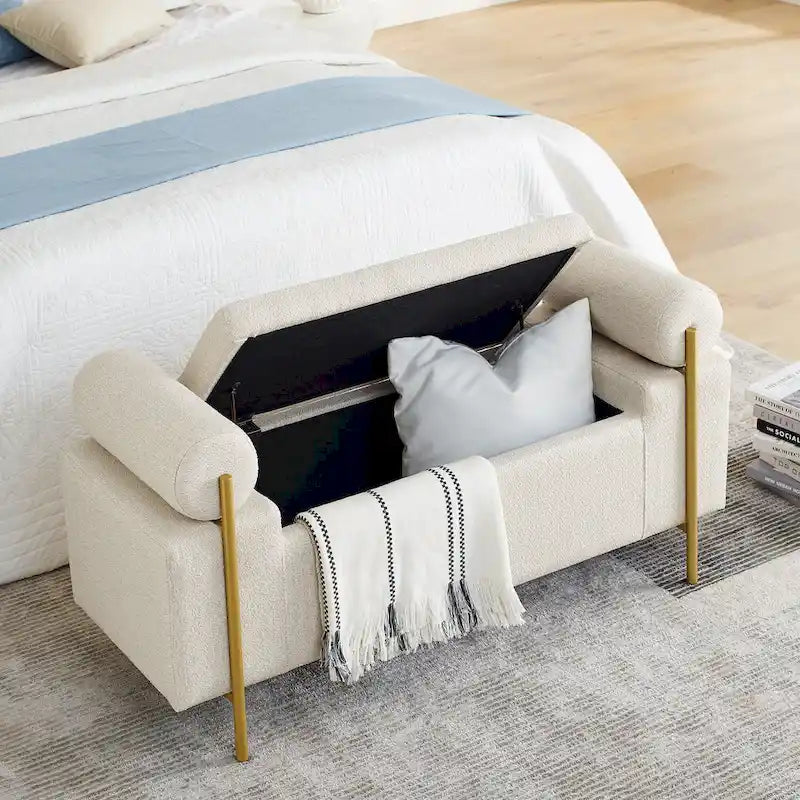 Linen Upholstered Storage Bench with Cylindrical Arms and Iron Legs