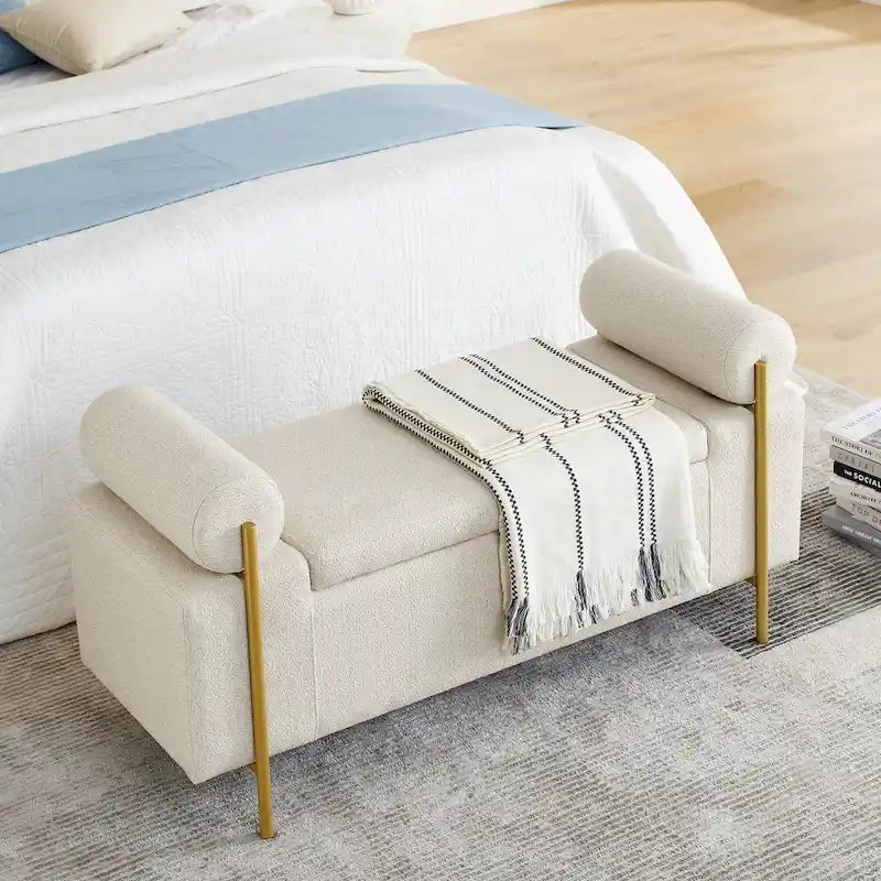Linen Upholstered Storage Bench with Cylindrical Arms and Iron Legs