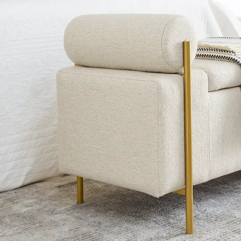 Linen Upholstered Storage Bench with Cylindrical Arms and Iron Legs