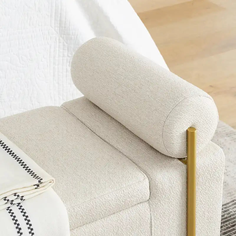Linen Upholstered Storage Bench with Cylindrical Arms and Iron Legs
