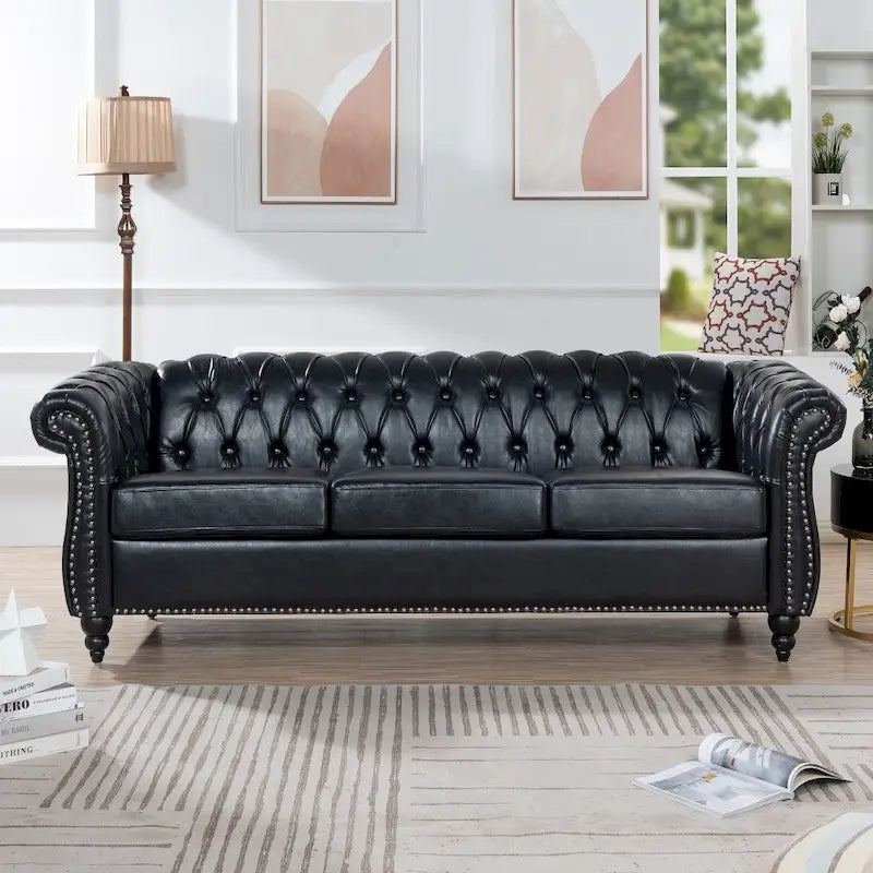 85" Chesterfield 3-Seater Sofa - Faux Leather with Button Tufting