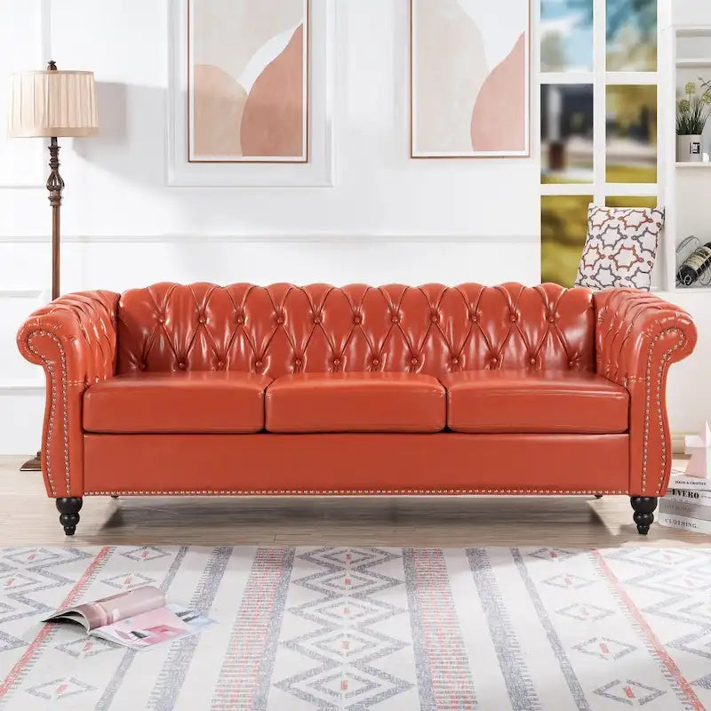 85" Chesterfield 3-Seater Sofa - Faux Leather with Button Tufting