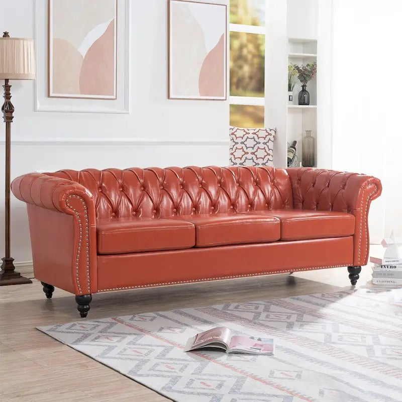 85" Chesterfield 3-Seater Sofa - Faux Leather with Button Tufting