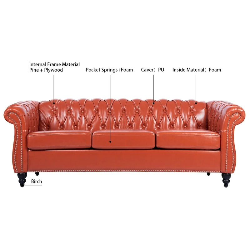 85" Chesterfield 3-Seater Sofa - Faux Leather with Button Tufting