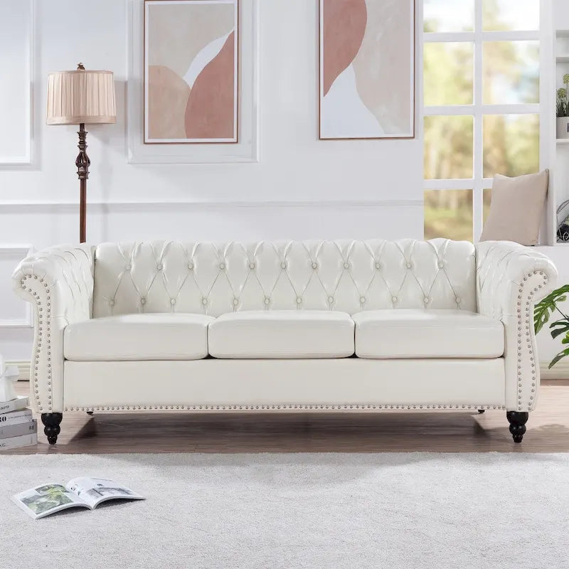 85" Chesterfield 3-Seater Sofa - Faux Leather with Button Tufting