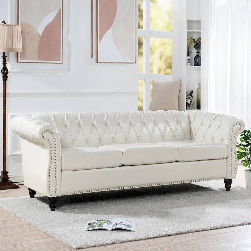 85" Chesterfield 3-Seater Sofa - Faux Leather with Button Tufting