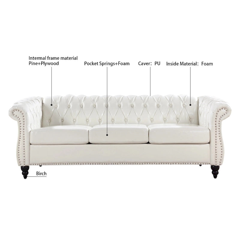 85" Chesterfield 3-Seater Sofa - Faux Leather with Button Tufting