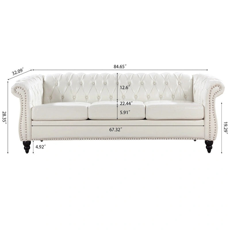 85" Chesterfield 3-Seater Sofa - Faux Leather with Button Tufting