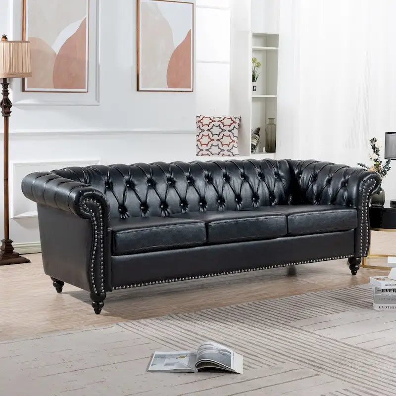 85" Chesterfield 3-Seater Sofa - Faux Leather with Button Tufting