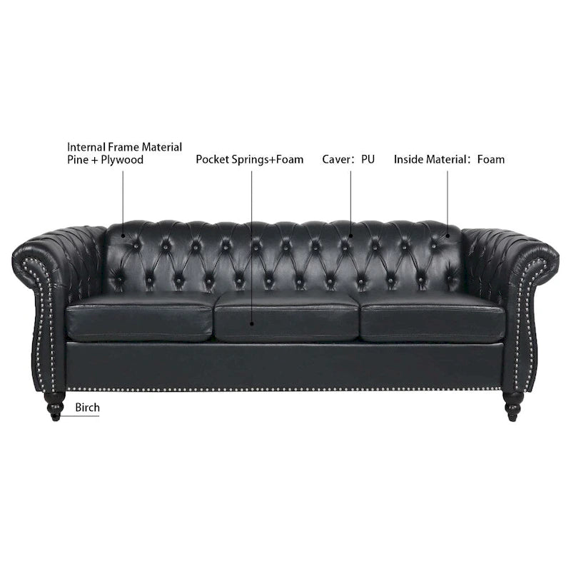 85" Chesterfield 3-Seater Sofa - Faux Leather with Button Tufting