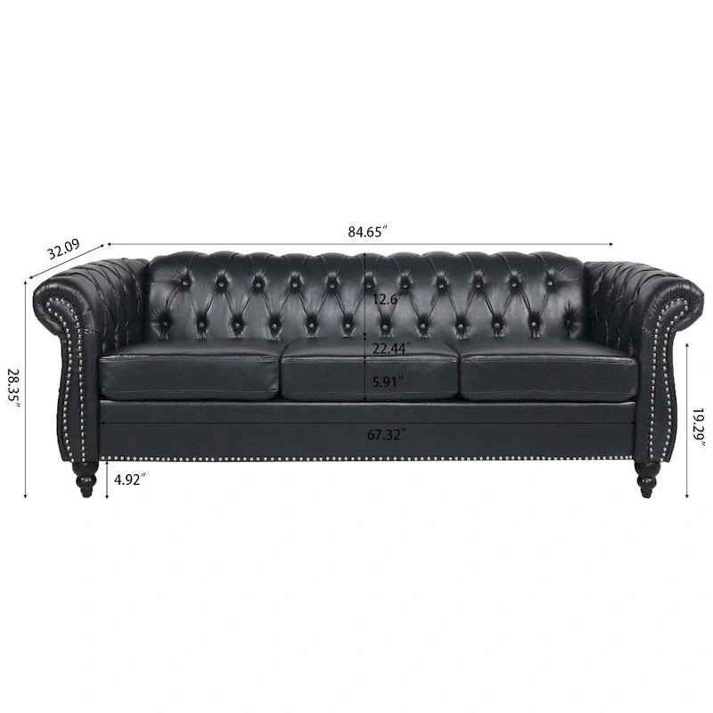 85" Chesterfield 3-Seater Sofa - Faux Leather with Button Tufting