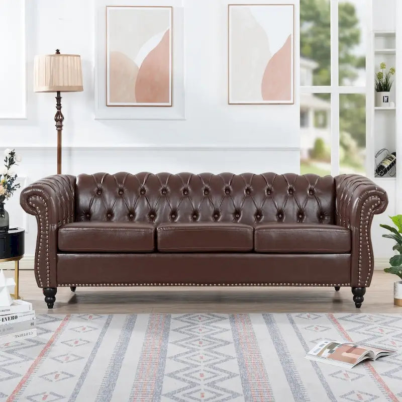 85" Chesterfield 3-Seater Sofa - Faux Leather with Button Tufting