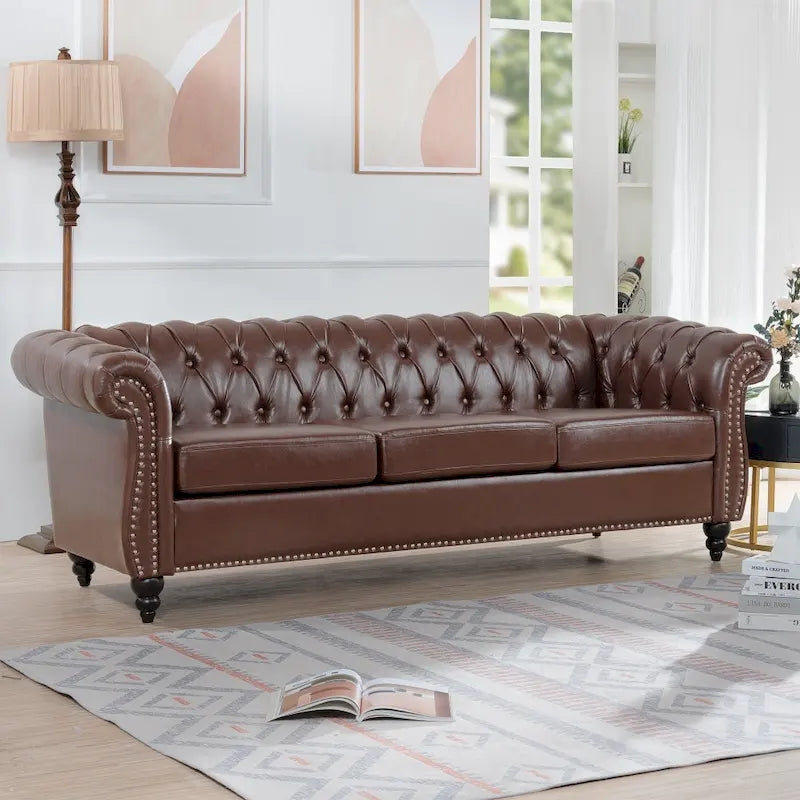 85" Chesterfield 3-Seater Sofa - Faux Leather with Button Tufting