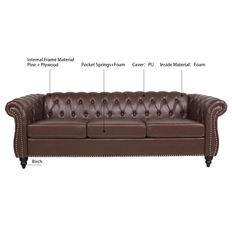 85" Chesterfield 3-Seater Sofa - Faux Leather with Button Tufting