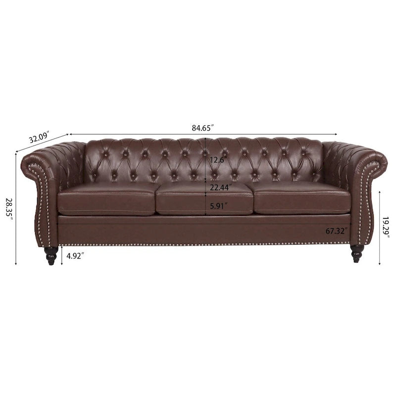 85" Chesterfield 3-Seater Sofa - Faux Leather with Button Tufting