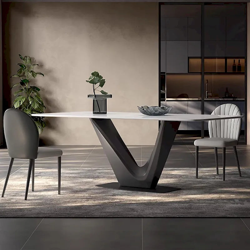 71" Modern Rectangular Sintered Stone Dining Table for 6, Black Carbon Steel Legs