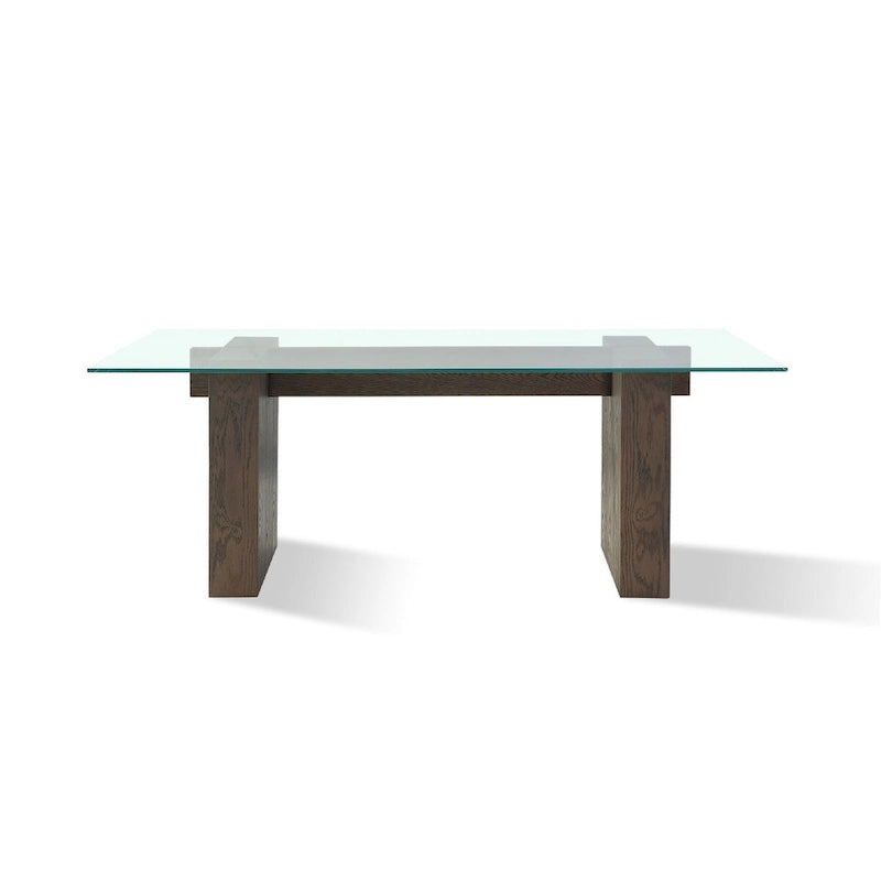 80 Inch Glass Top Dining Table, Wood Double Pedestal, 6 Seater, Brown