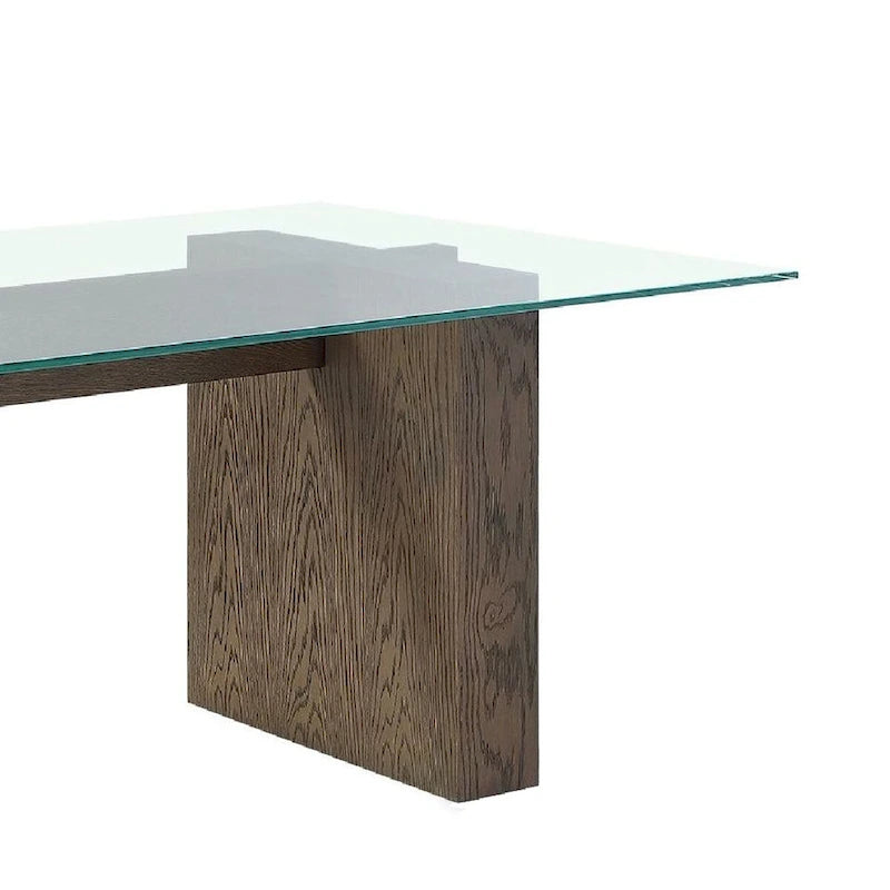 80 Inch Glass Top Dining Table, Wood Double Pedestal, 6 Seater, Brown