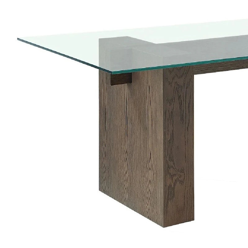 80 Inch Glass Top Dining Table, Wood Double Pedestal, 6 Seater, Brown