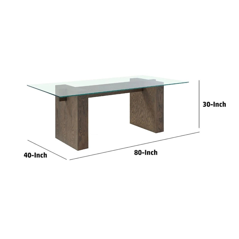 80 Inch Glass Top Dining Table, Wood Double Pedestal, 6 Seater, Brown