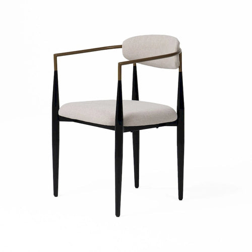 23 Inch Dining Armchair, Light Gray Polyester, Black Iron Legs, Gold Armrests