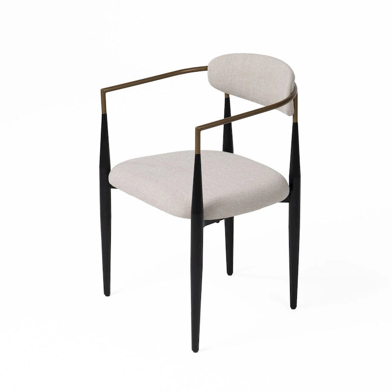 23 Inch Dining Armchair, Light Gray Polyester, Black Iron Legs, Gold Armrests