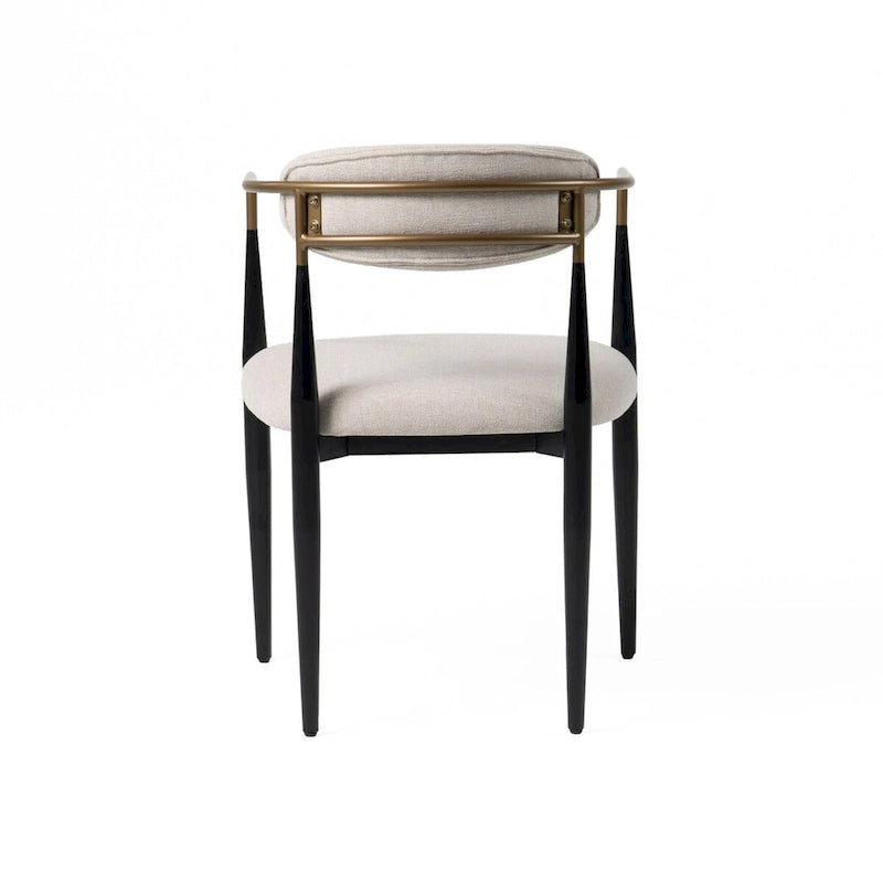 23 Inch Dining Armchair, Light Gray Polyester, Black Iron Legs, Gold Armrests