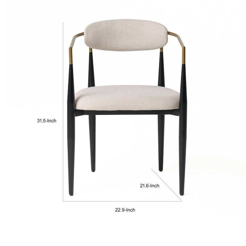 23 Inch Dining Armchair, Light Gray Polyester, Black Iron Legs, Gold Armrests