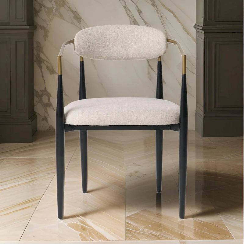 23 Inch Dining Armchair, Light Gray Polyester, Black Iron Legs, Gold Armrests