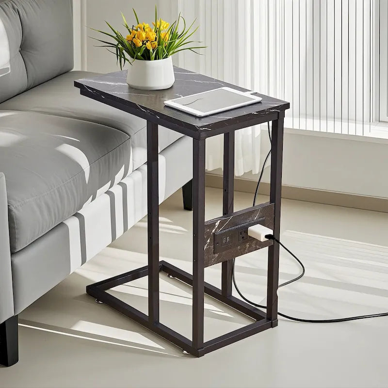 C-Shaped Side Table with USB Ports and Outlets for Small Spaces
