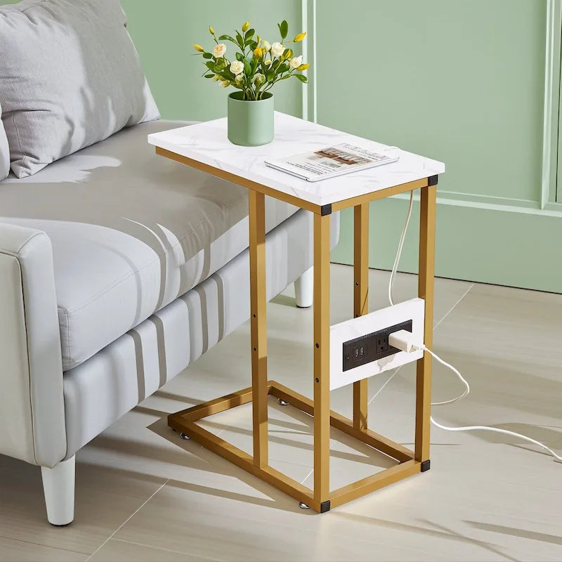 C-Shaped Side Table with USB Ports and Outlets for Small Spaces