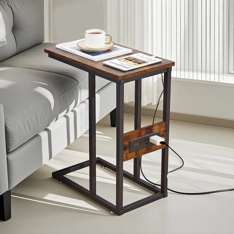 C-Shaped Side Table with USB Ports and Outlets for Small Spaces
