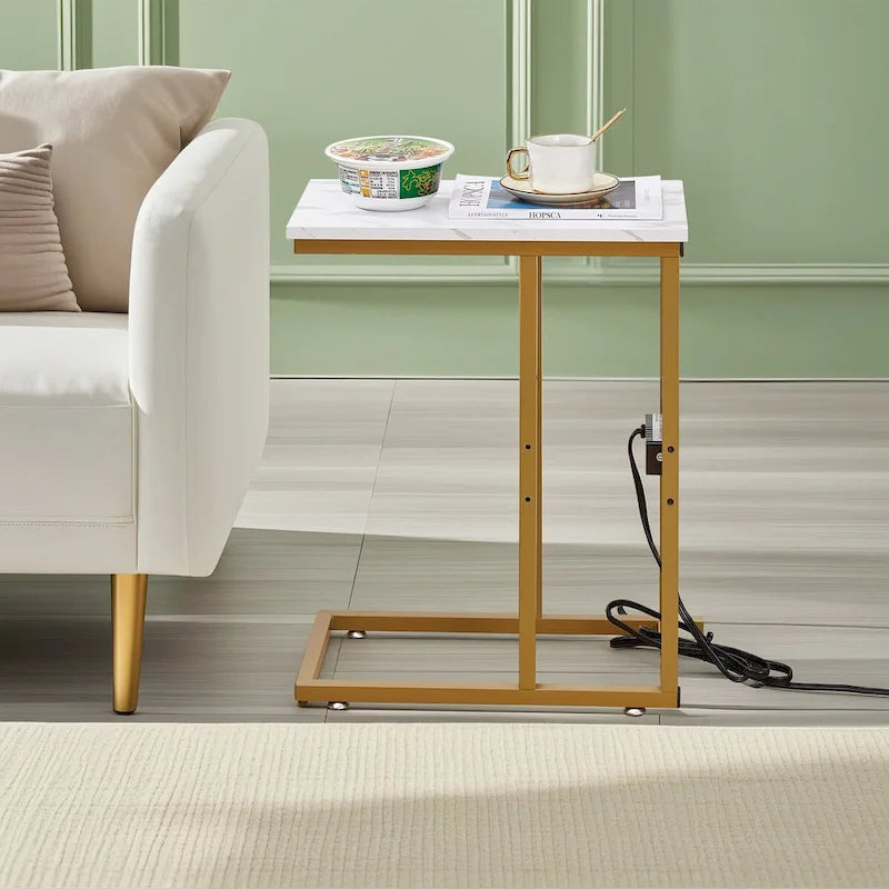C-Shaped Side Table with USB Ports and Outlets for Small Spaces