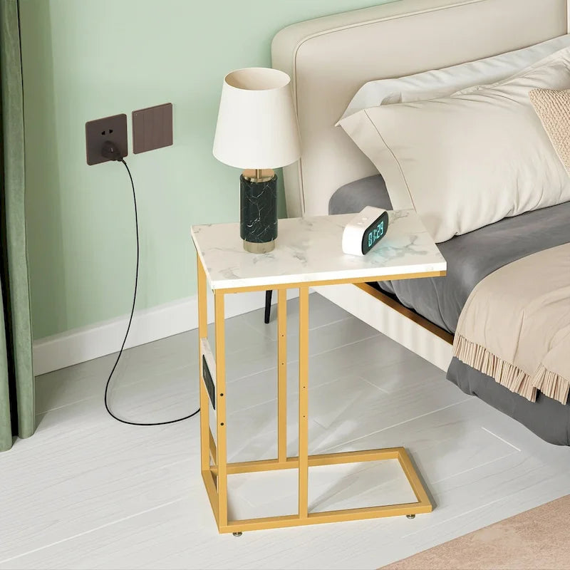 C-Shaped Side Table with USB Ports and Outlets for Small Spaces