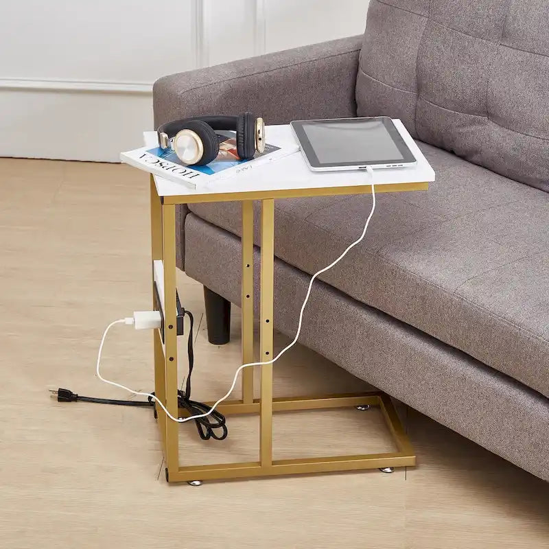 C-Shaped Side Table with USB Ports and Outlets for Small Spaces