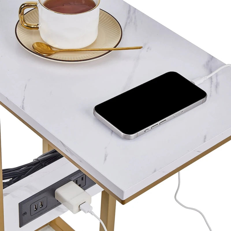 C-Shaped Side Table with USB Ports and Outlets for Small Spaces
