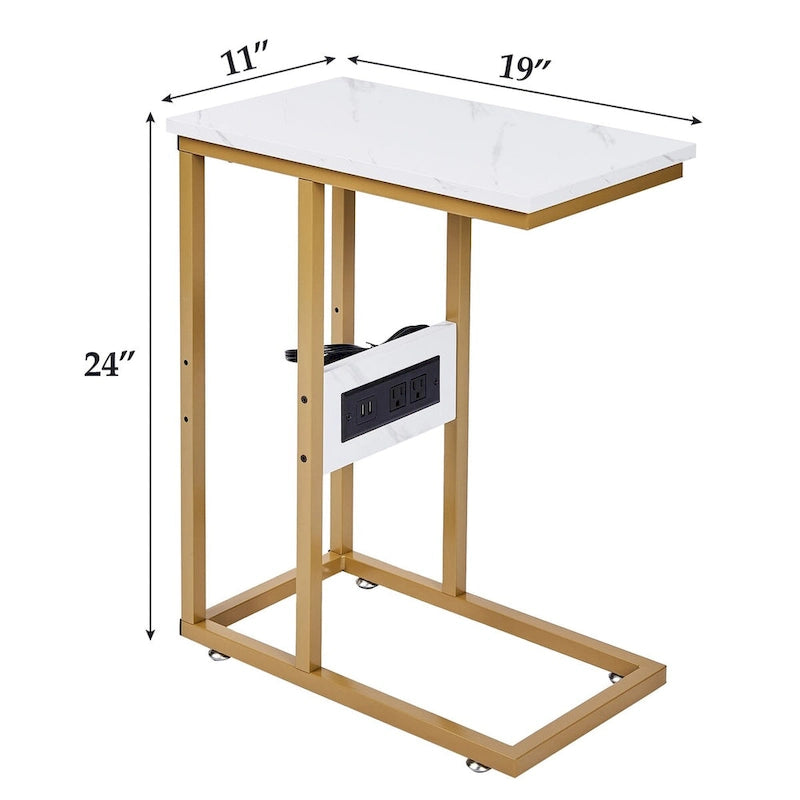 C-Shaped Side Table with USB Ports and Outlets for Small Spaces