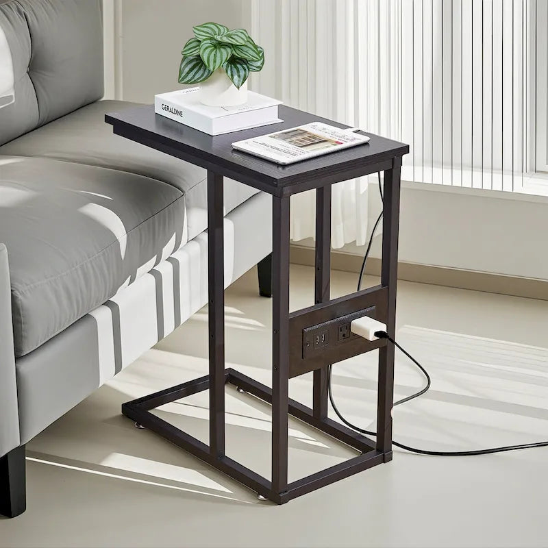 C-Shaped Side Table with USB Ports and Outlets for Small Spaces
