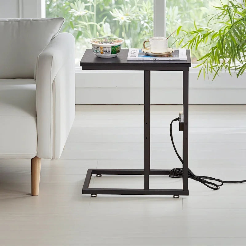 C-Shaped Side Table with USB Ports and Outlets for Small Spaces