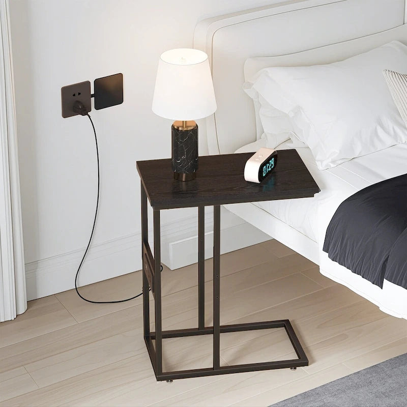 C-Shaped Side Table with USB Ports and Outlets for Small Spaces