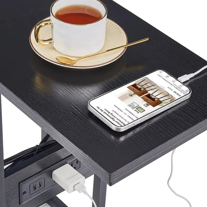 C-Shaped Side Table with USB Ports and Outlets for Small Spaces